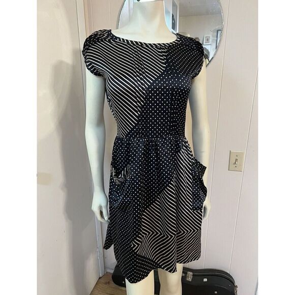 Opening Ceremony Medium Open Back Mini Dress Black Cream Silky Cap Sleeves - Picture 1 of 7